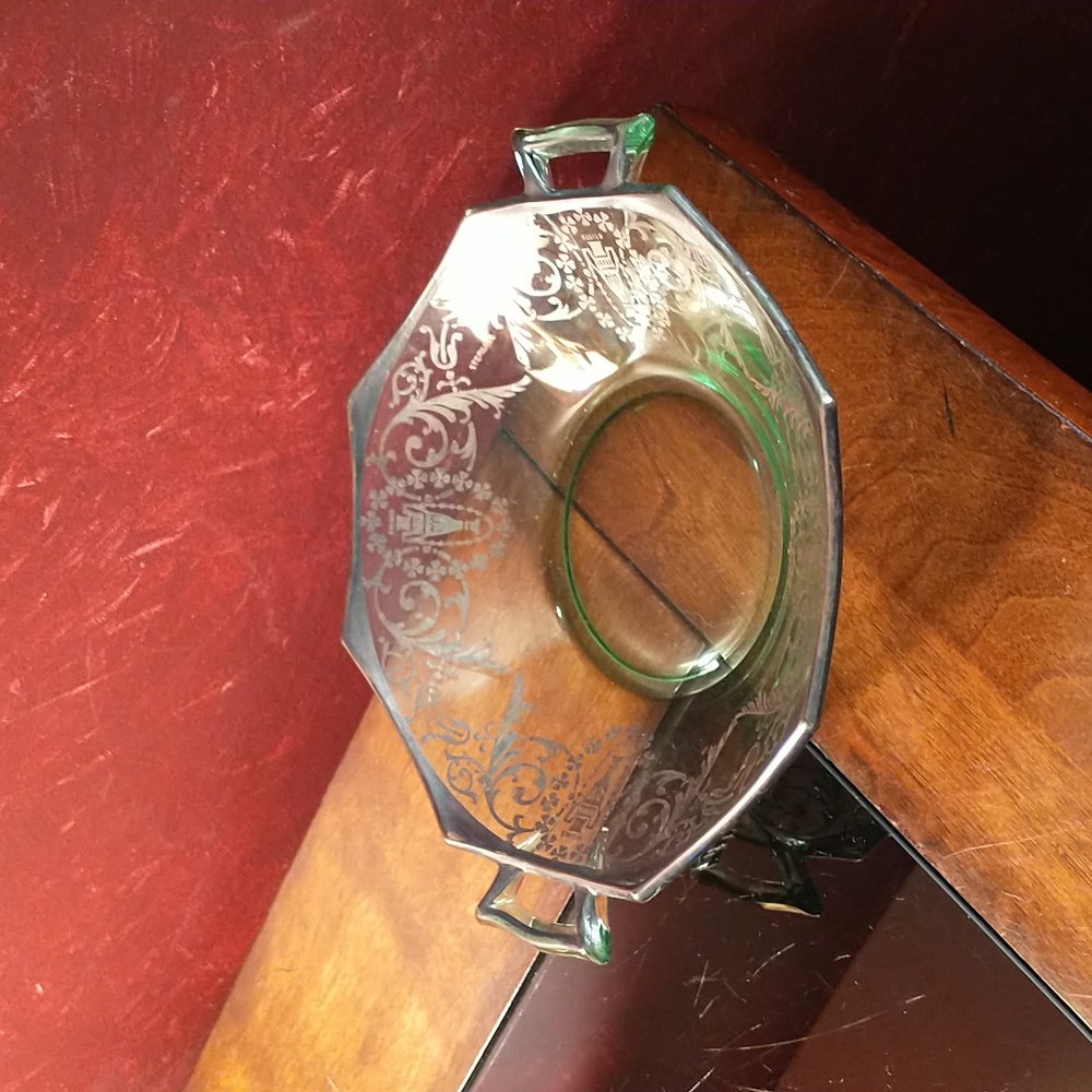 Vintage 1950s Silver Overlay Green Glass Bowl - **A11